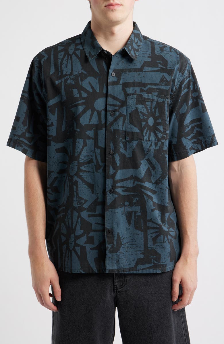 Rip Curl Liquid Trips Mason Short Sleeve Button-Up Shirt, Main, color, Washed Black