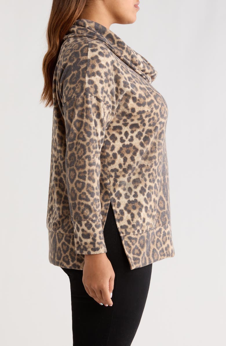 Loveappella Leopard Print Hacci Knit Cowl Neck Tunic, Alternate, color, Taupe/ Brown