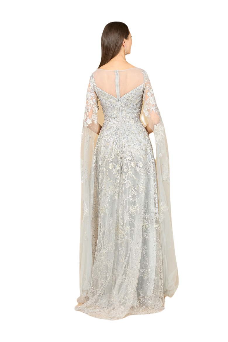 Lace Gown with Cape Sleeves, Sweetheart Neckline, Alternate, color, Mist
