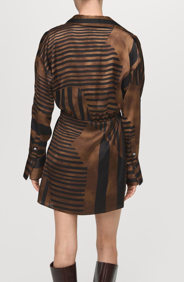 MANGO Mixed Stripe Long Sleeve Satin Mini Shirtdress, Alternate, color, Brown