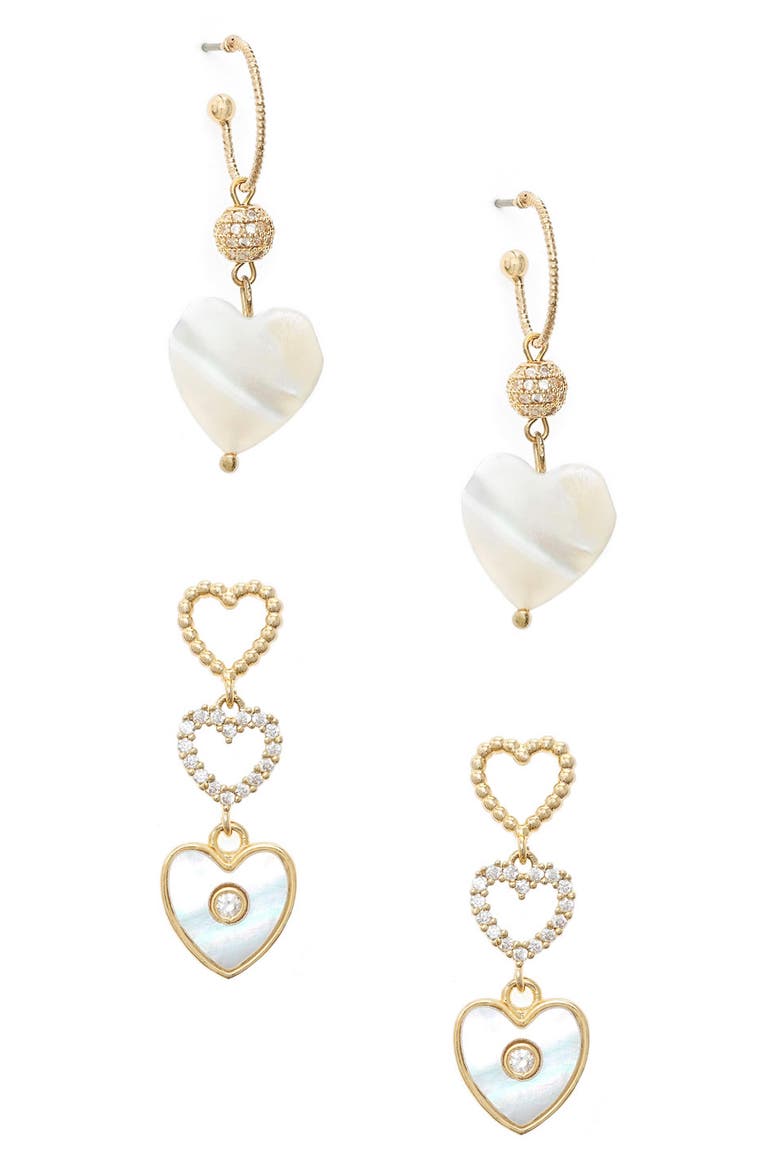 Set of 2 Mother-of-Pearl Heart Earrings, Main, color, GOLD