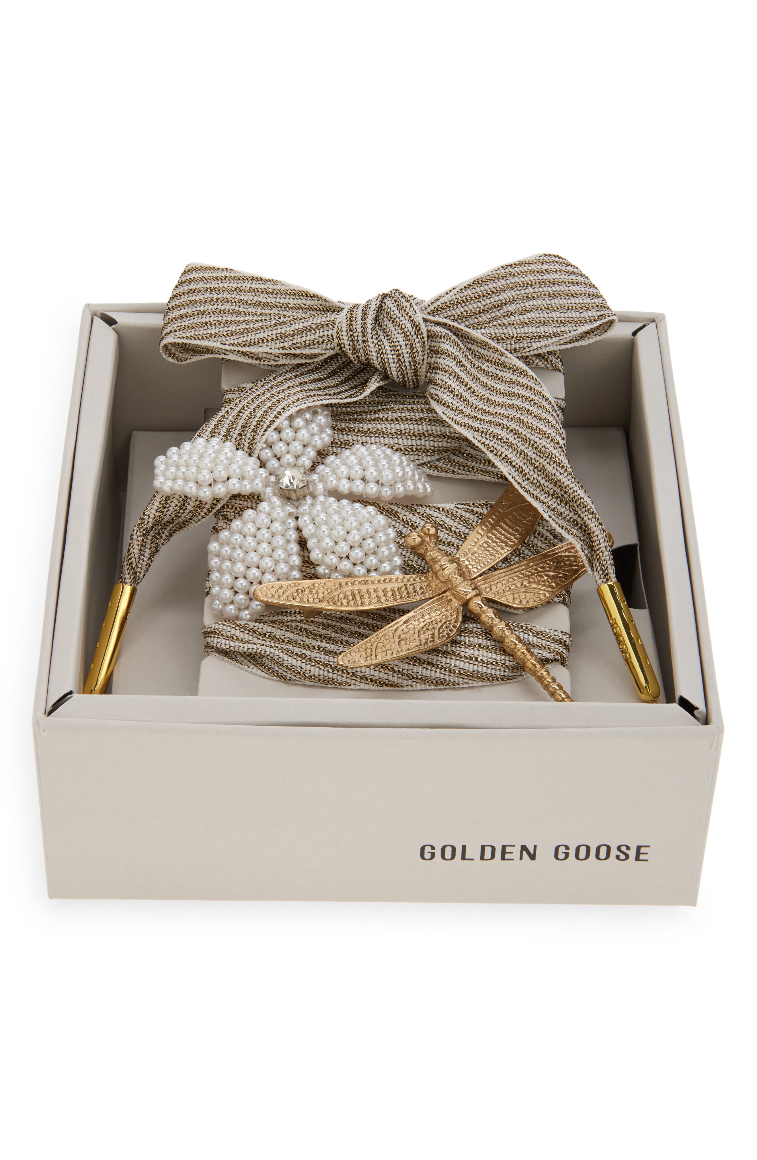 Skins Stripe Faux Pearl Floral & Dragonfly Charm Shoelaces, Main, color, WHITE/ GOLD