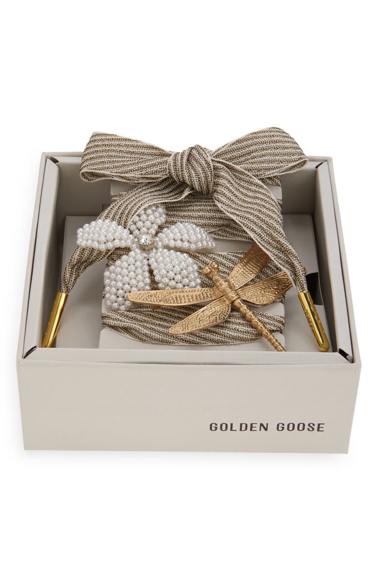 Golden Goose Skins Stripe Faux Pearl Floral & Dragonfly Charm Shoelaces, Main, color, White/ Gold