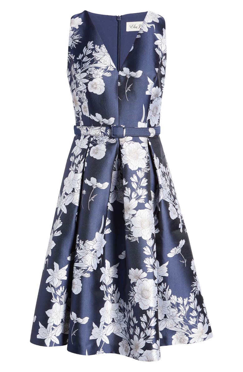 Eliza J Floral Satin Fit & Flare Dress, Alternate, color, Navy