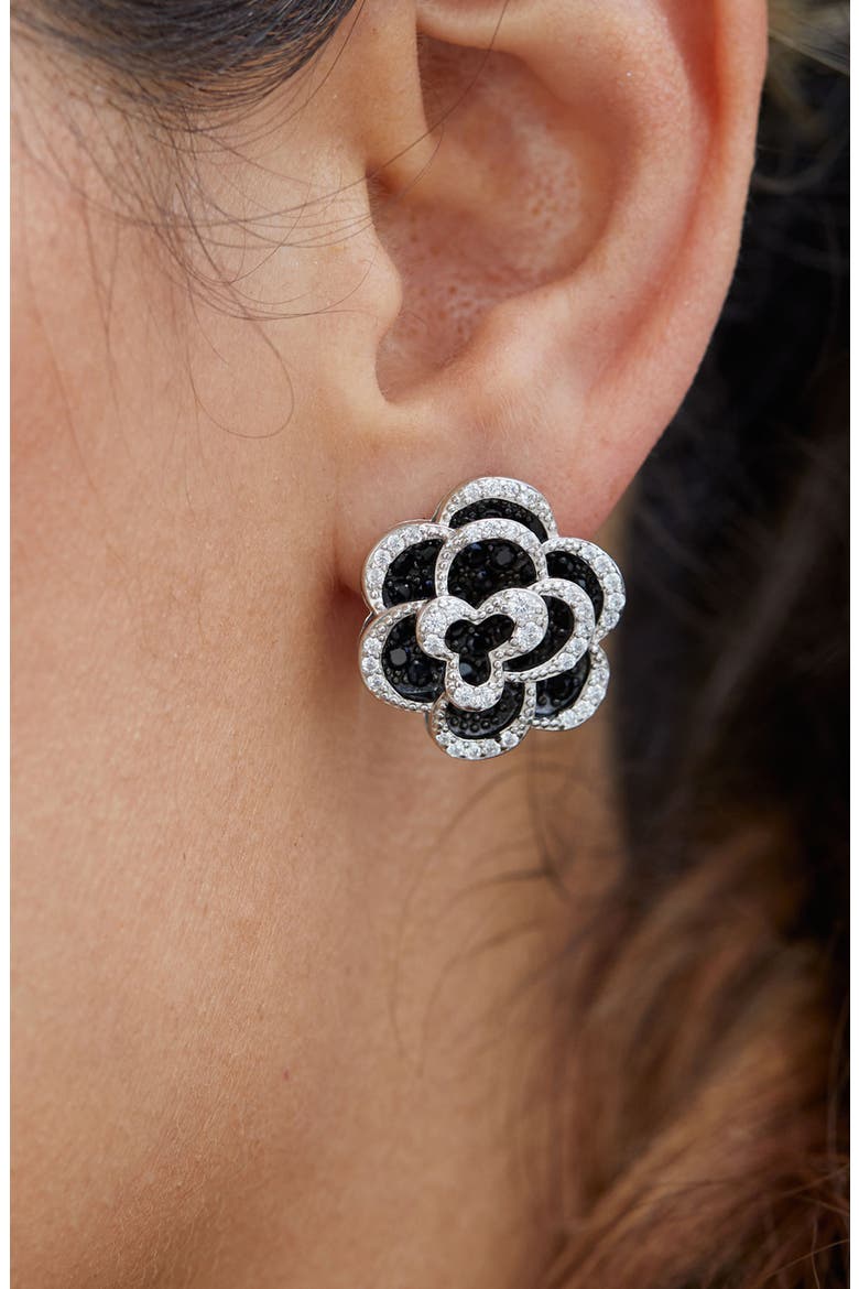Platinum Plated Sterling Silver CZ Flower Stud Earrings, Alternate, color, BLACK