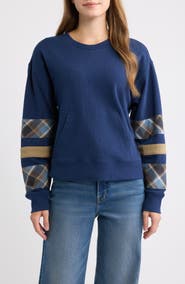 CITY BLUES Plaid Sleeve Crewneck Sweatshirt