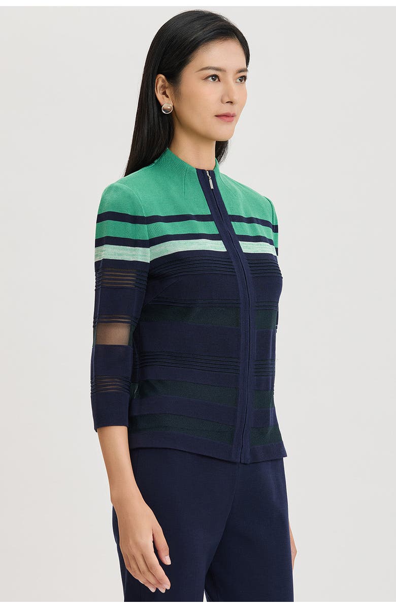 Ming Wang Heritage Zip-Front Sheer Knit Jacket, Alternate, color, Kelly Green/Indigo/Ivory