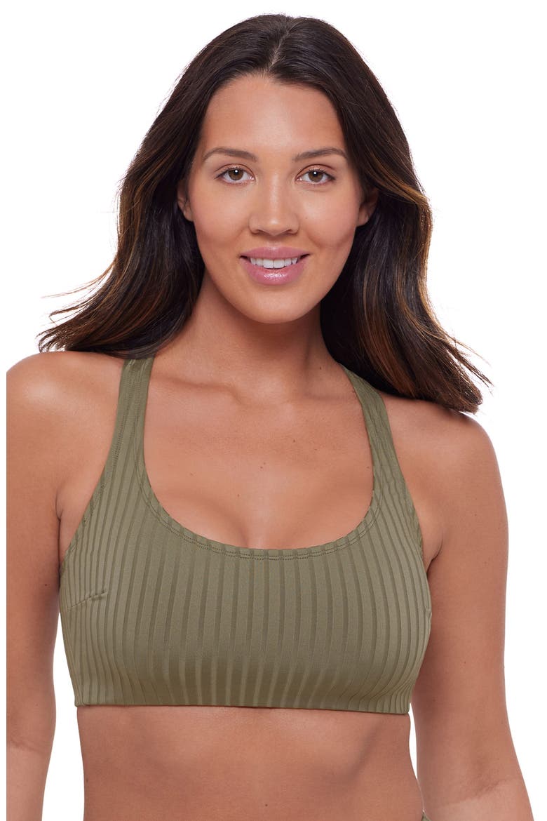 Supportive and Sculpting Ribbed Scoopneck Crossback Bralette Swimsuit Top, Main, color, Eucalyptus
