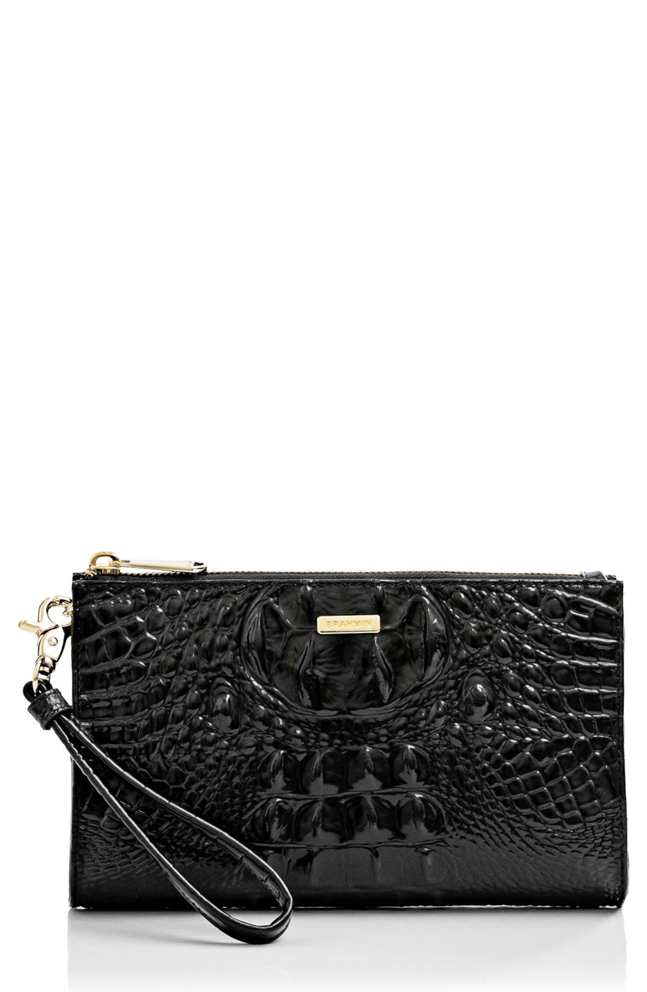 Brahmin Daisy Croc Embossed Leather Wristlet, Main, color, Black