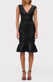Herve Leger Sophie Metallic Foil V-Neck Dress