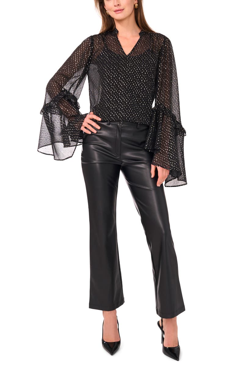 Vince Camuto Metallic Print Ruffle Sleeve Chiffon Top, Alternate, color, Rich Black