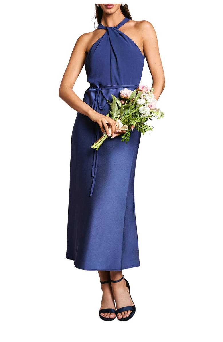 Oasis Satin Halter Neck Bridesmaid Dress, Alternate, color, Navy