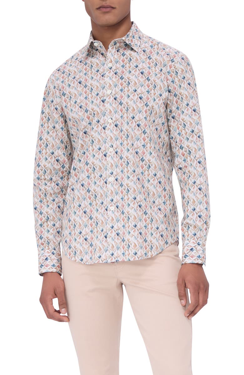 Bugatchi Julian Shaped Fit Mosaic Print Stretch Button-Up Shirt, Main, color, Desert