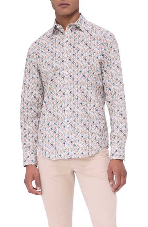 Julian Shaped Fit Mosaic Print Stretch Button-Up Shirt