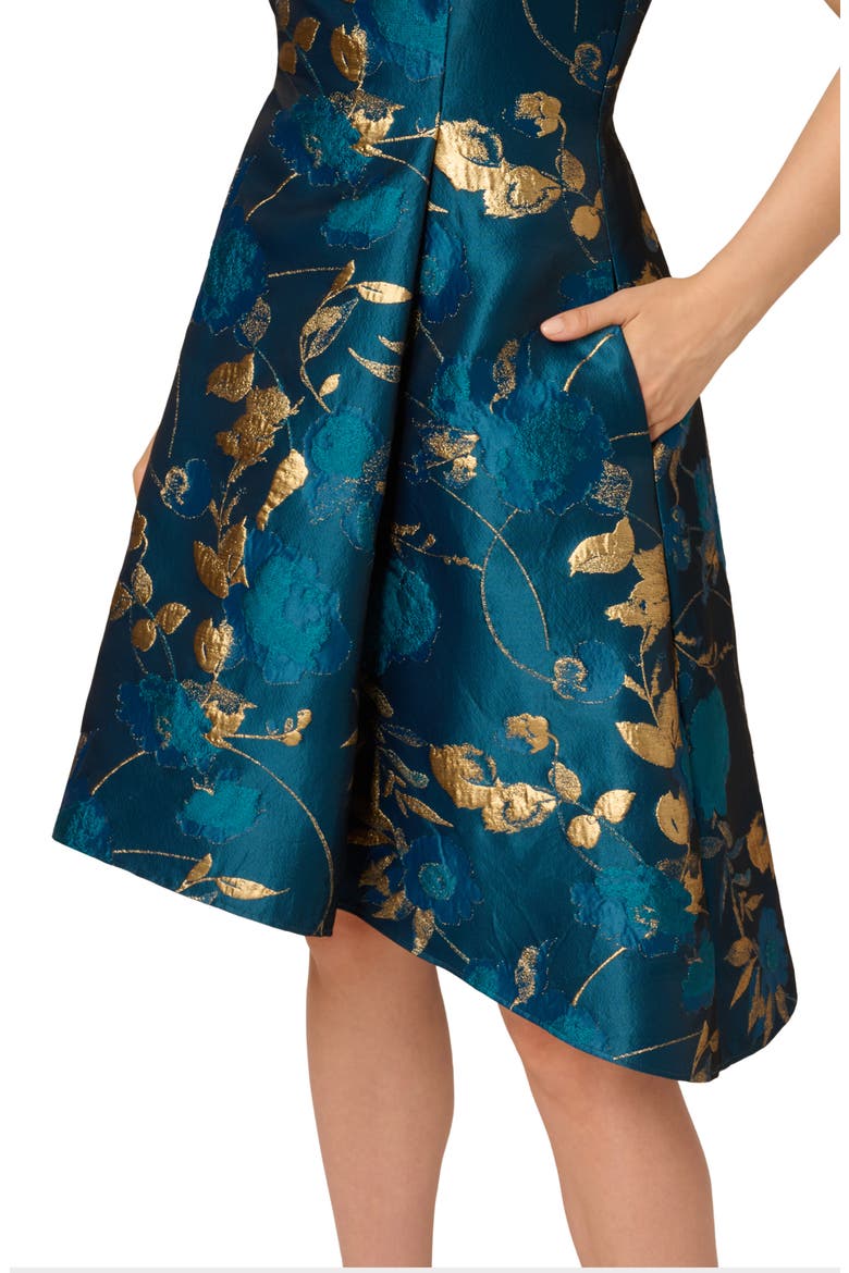 Metallic Jacquard Fit & Flare Cocktail Dress, Alternate, color, TEAL SAPPHIRE/ GOLD