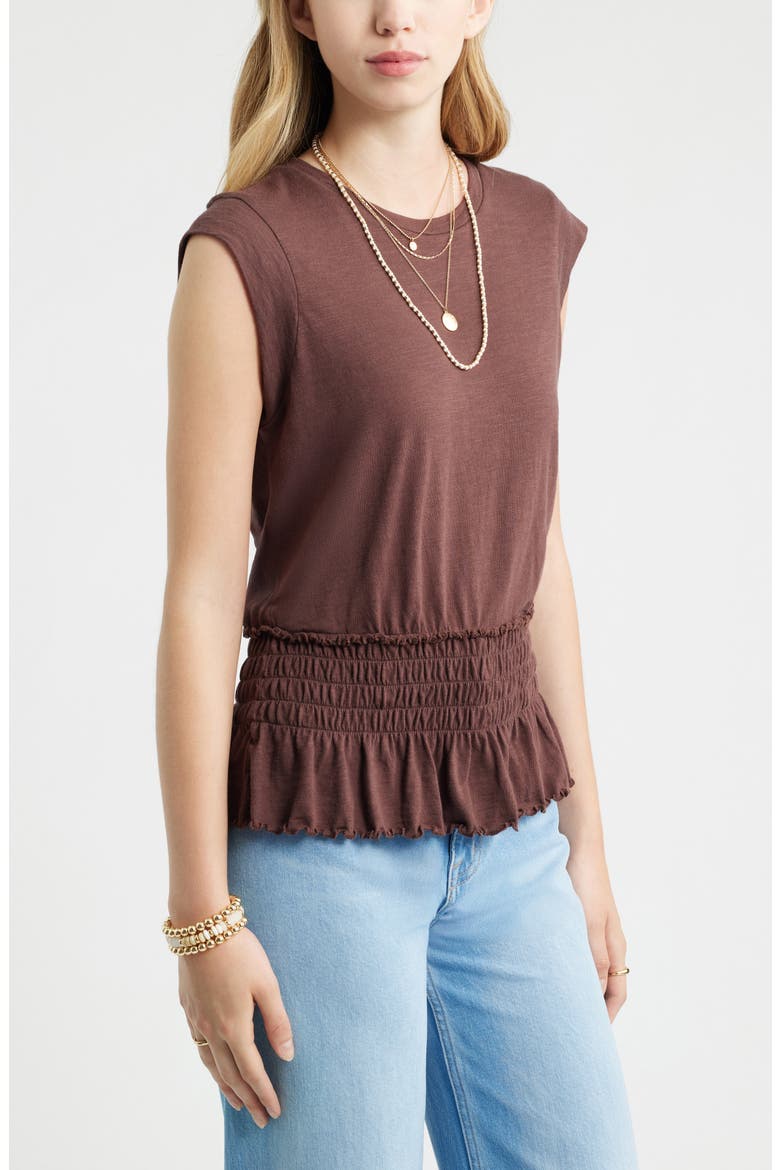 Smocked Waist Peplum Muscle Tank, Alternate, color, BROWN MALICACIA