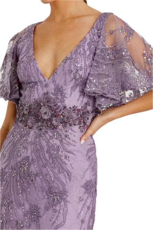 Mac Duggal Vintage Flutter Sleeve Evening Gown In Vintage Lilac