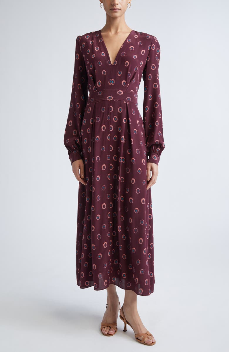 ST. JOHN Jill Abstract Ink Print Long Sleeve Silk Dress, Main, color, Bordeaux Dusty Pink Multi