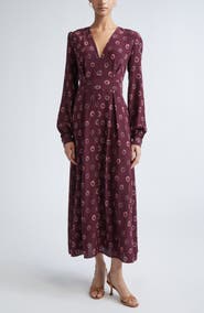 ST. JOHN Jill Abstract Ink Print Long Sleeve Silk Dress
