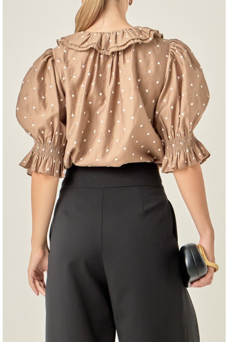 Ruffle Collar Swiss Dot Puff Sleeve Top, Alternate, color, OFF WHITE/ BROWN