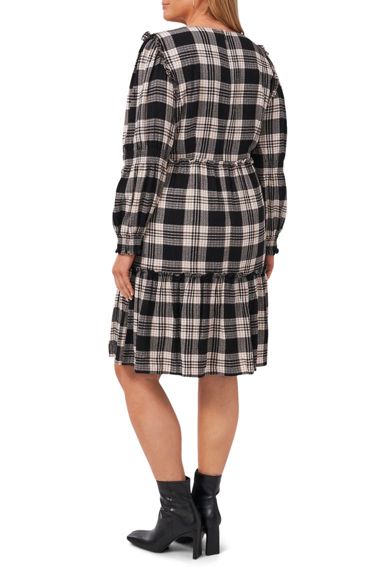 Smock Detail Plaid Long Sleeve Minidress, Alternate, color, RICH BLACK