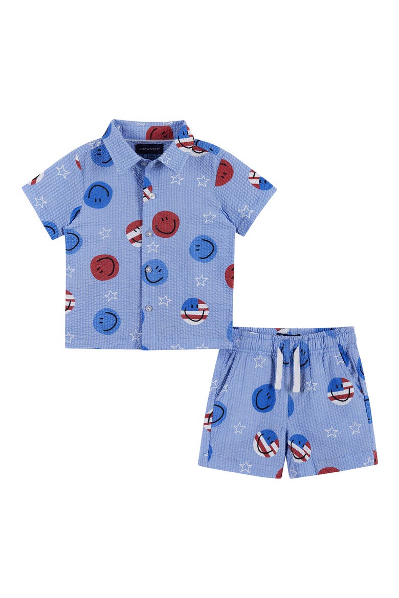 Print Cotton Seersucker Button-Up Shirt & Shorts Set, Main, color, BLUE AMERICA