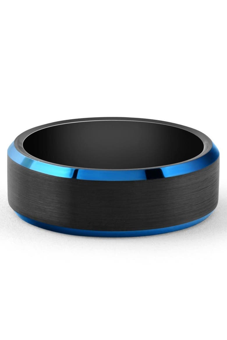 Men's Brushed Black Tungsten Ring Blue Polished Beveled Edge 8mm Wedding Band, Main, color, Black Tungsten