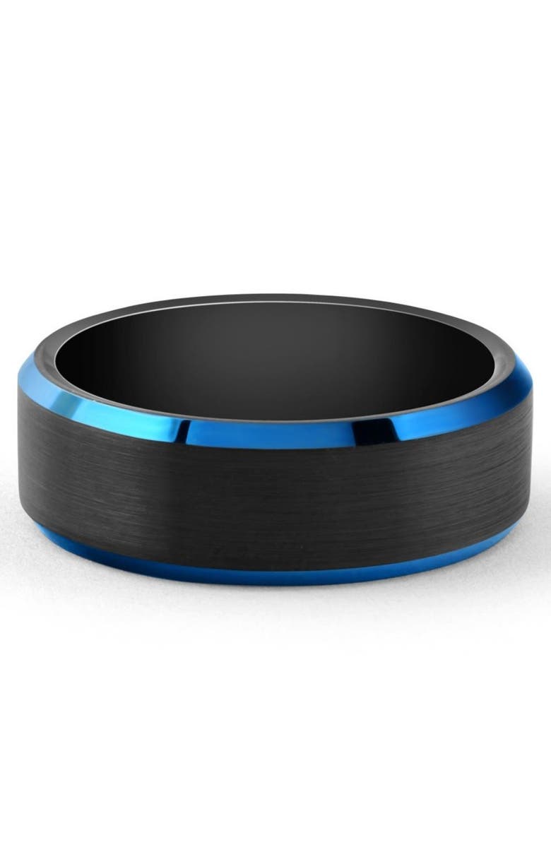 Bliss Diamond Men's Brushed Black Tungsten Ring Blue Polished Beveled Edge 8mm Wedding Band, Main, color, Black Tungsten