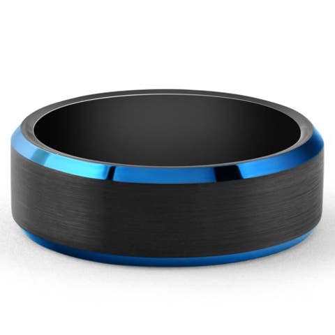 Men's Brushed Black Tungsten Ring Blue Polished Beveled Edge 8mm Wedding Band