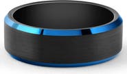 Bliss Diamond Men's Brushed Black Tungsten Ring Blue Polished Beveled Edge 8mm Wedding Band