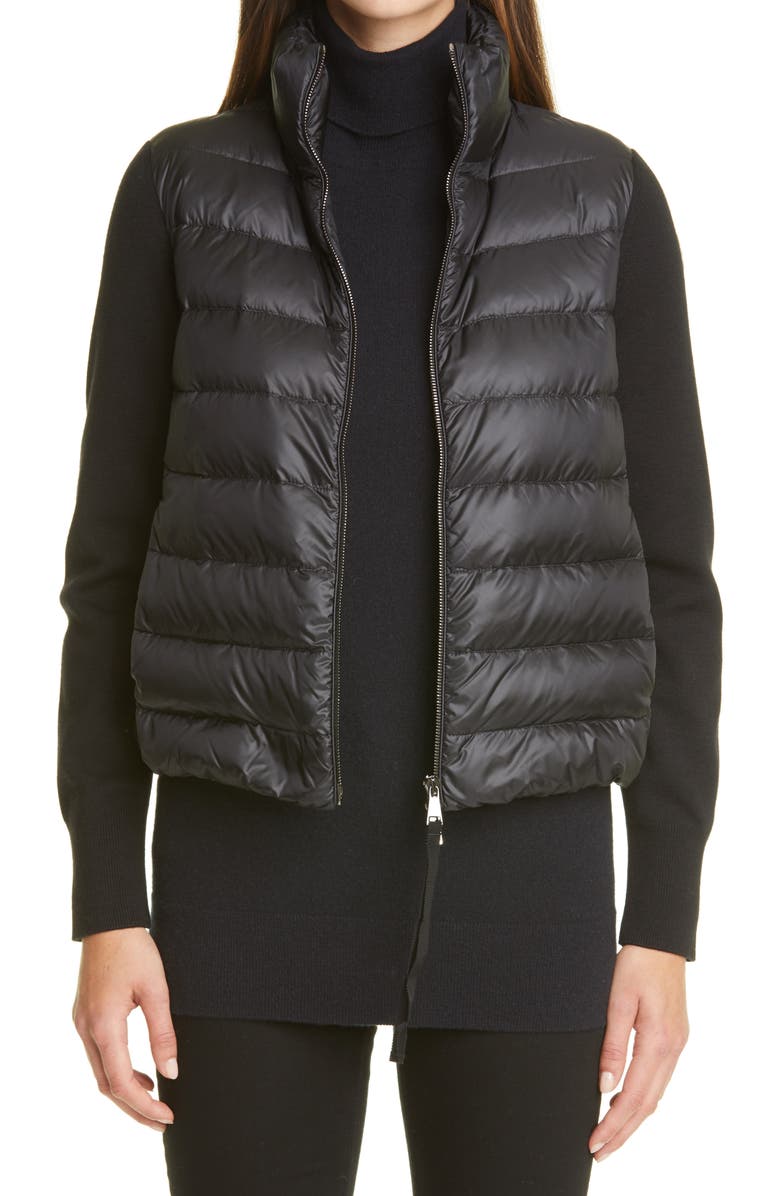 Moncler Quilted Down & Wool Short Cardigan, Main, color, 