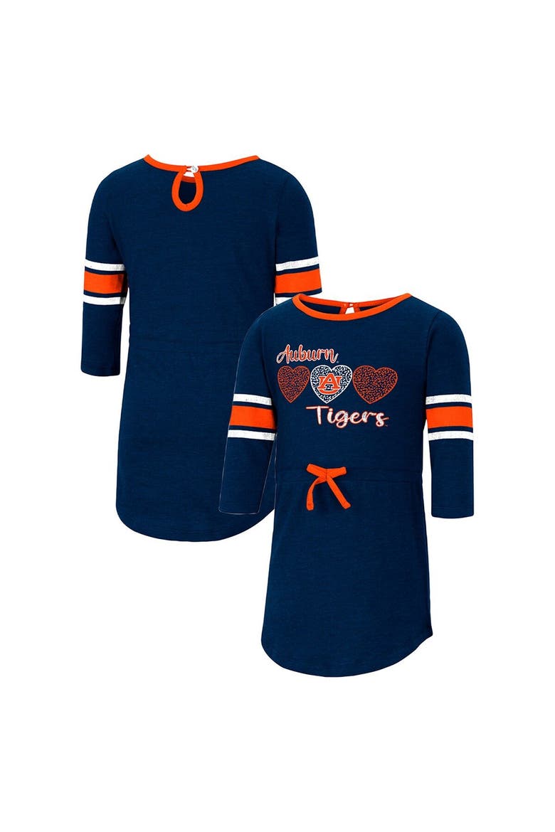 Girls Toddler Colosseum Heathered Navy Auburn Tigers Poppin Sleeve Stripe Dress, Main, color, Heather Navy
