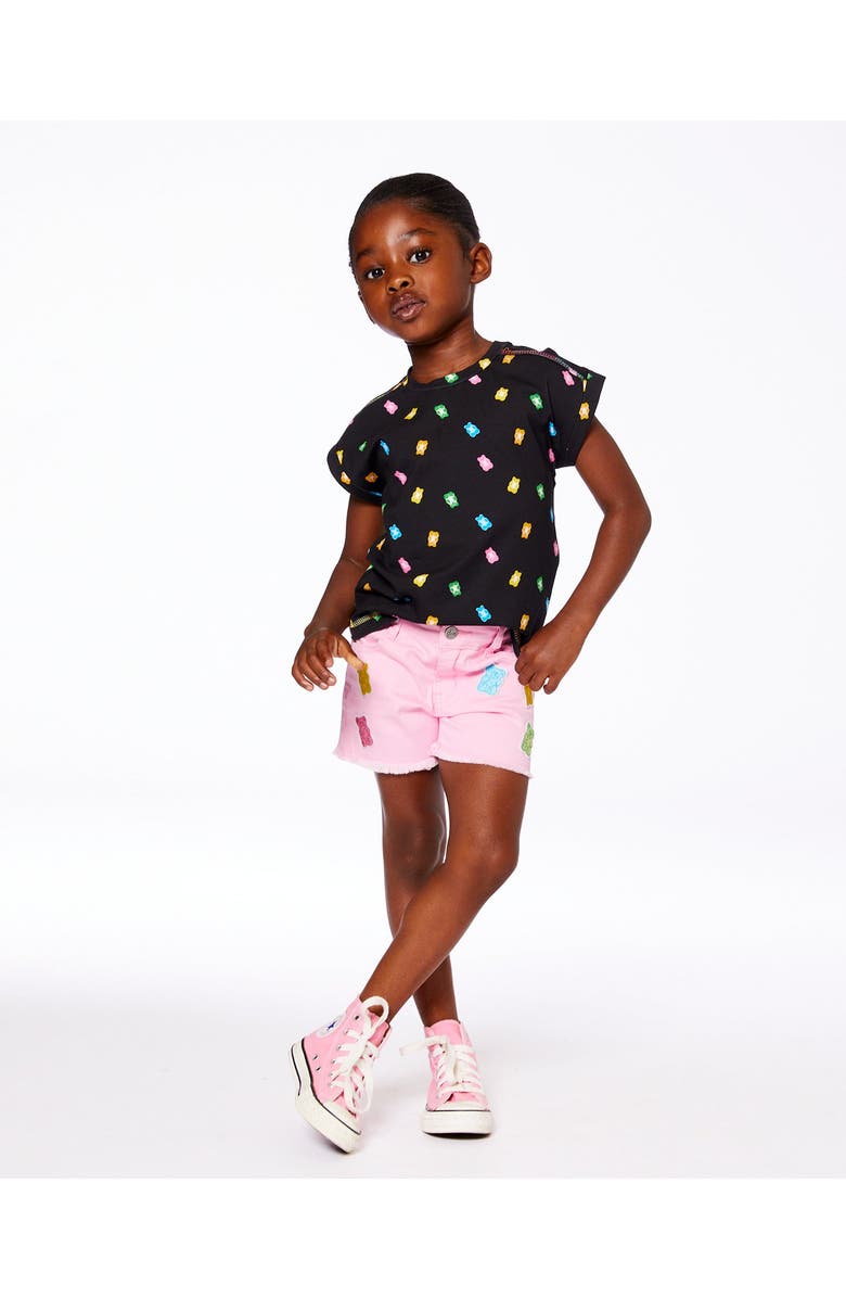 Deux par Deux Little Girl's Rolled Sleeve Tee With Print Black And Multicolored Gummies, Alternate, color,