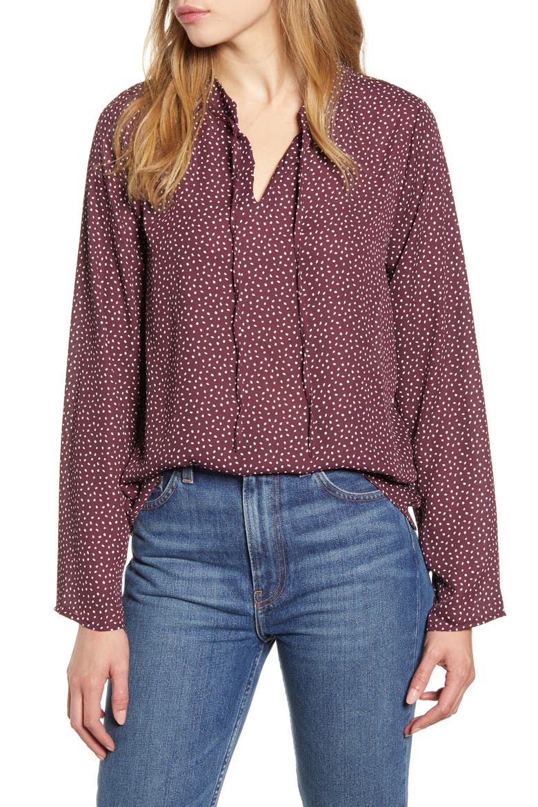 Samara Tie Neck Long Sleeve Blouse, Main, color, PLUM SPECKLE