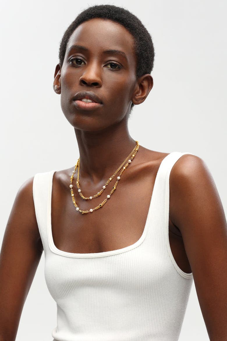 Double Stranded Necklace With Freshwater Pearls, Alternate, color, Gold