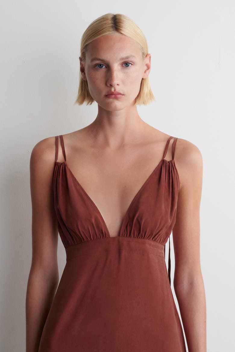 Gathered V-Neck Maxi Dress, Alternate, color, DARK RED