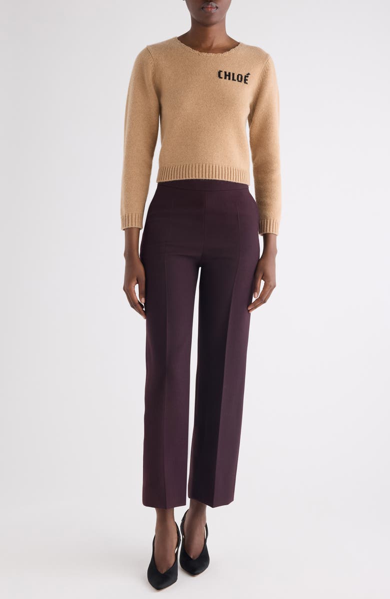 Chloé Scalloped Logo Crop Wool & Cashmere Sweater, Alternate, color, Bleached Brown