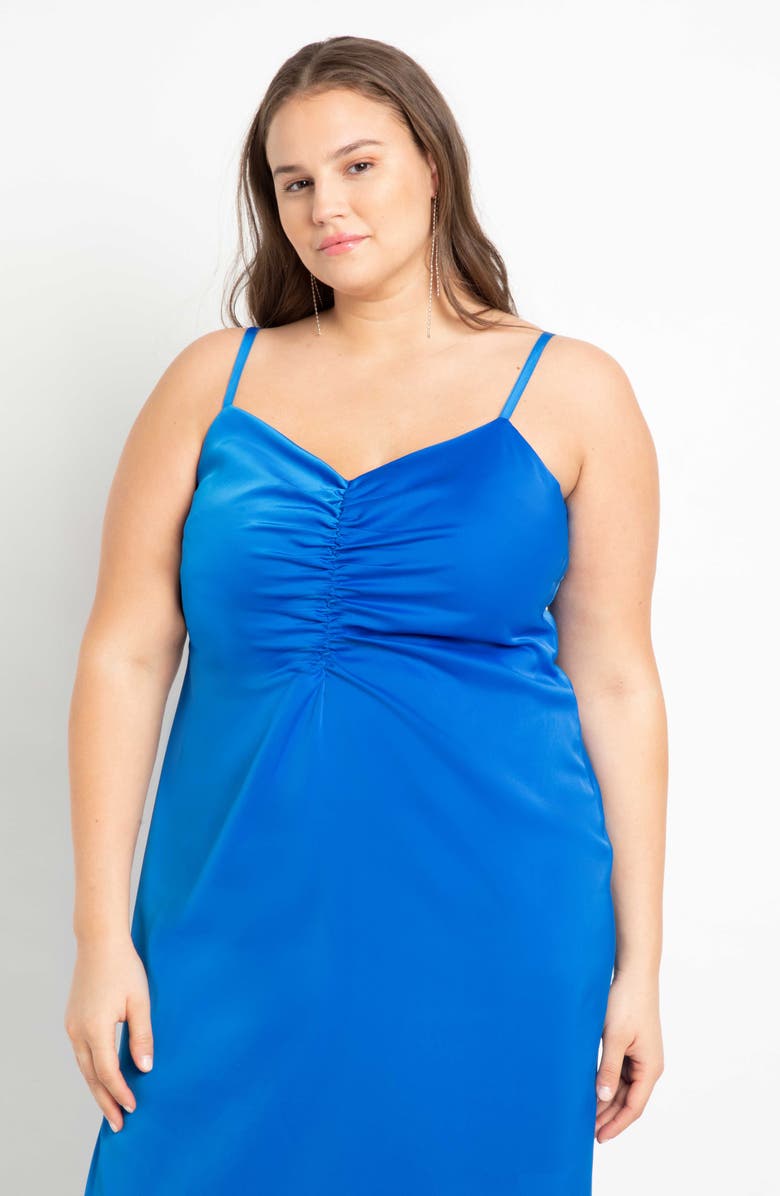 ELOQUII Ruched Satin Slipdress, Alternate, color, 