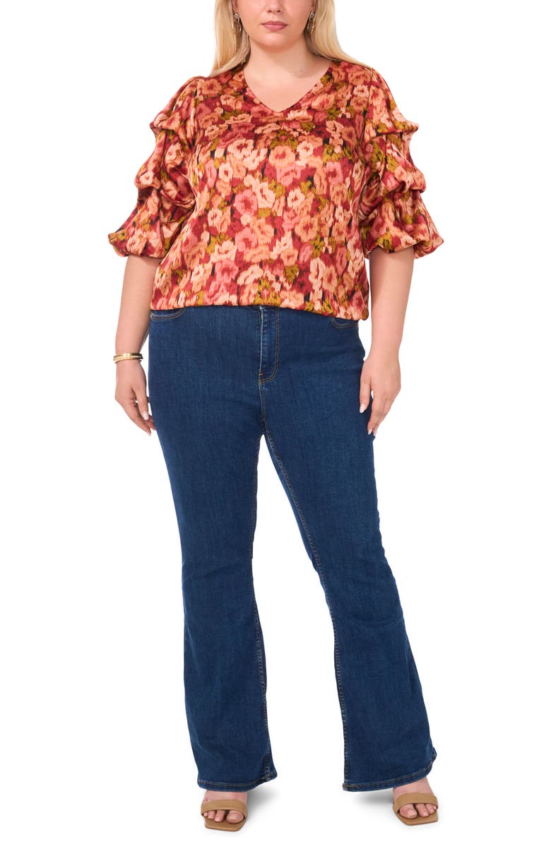 Vince Camuto V-Neck Bubble Sleeve Satin Top, Alternate, color, 