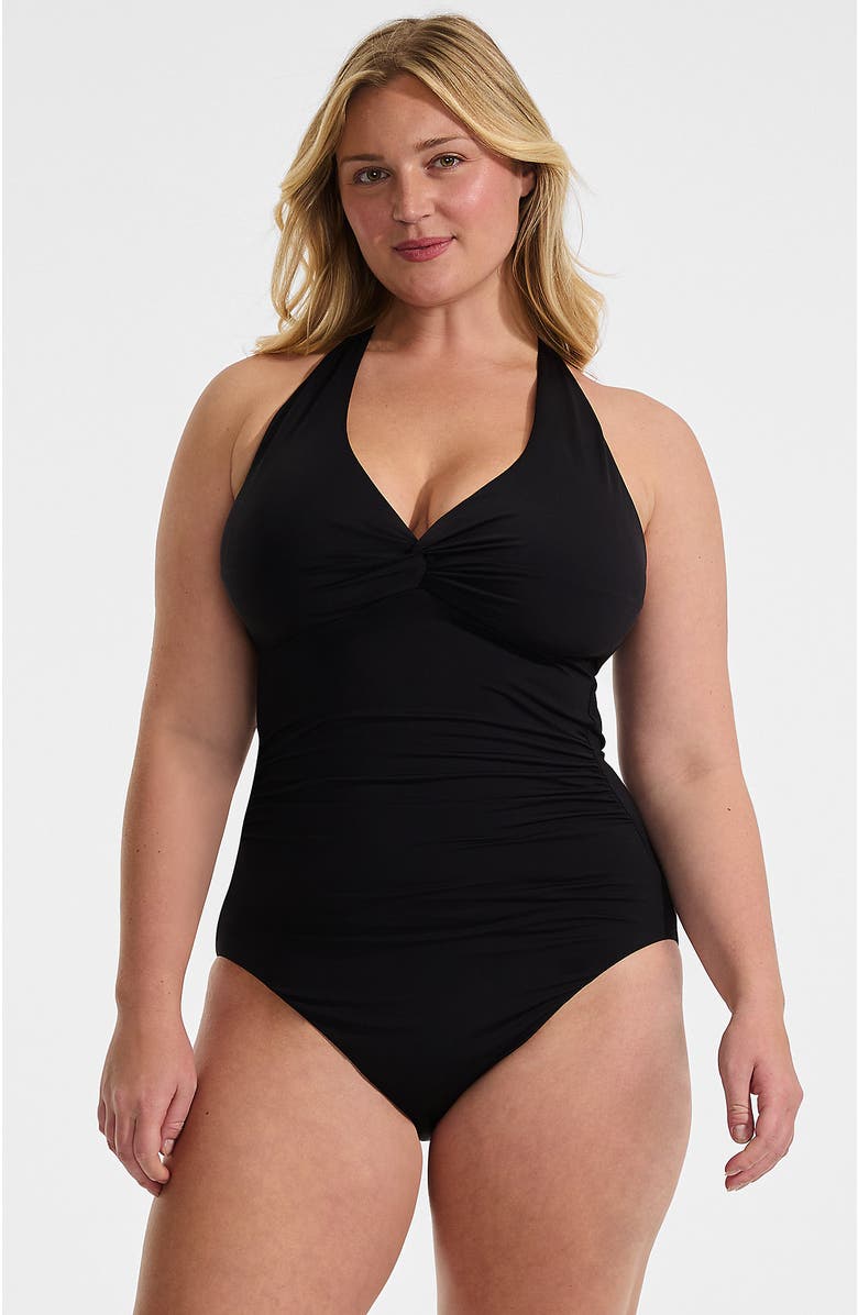 Lands' End Plus Size Knot Twist Halter One Piece, Main, color, Black