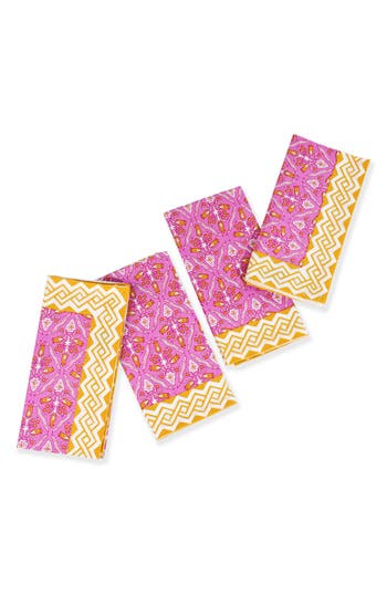 Tiramisu Set Of 4 Orchid Luxe Block Print Napkins In Yellow/pink