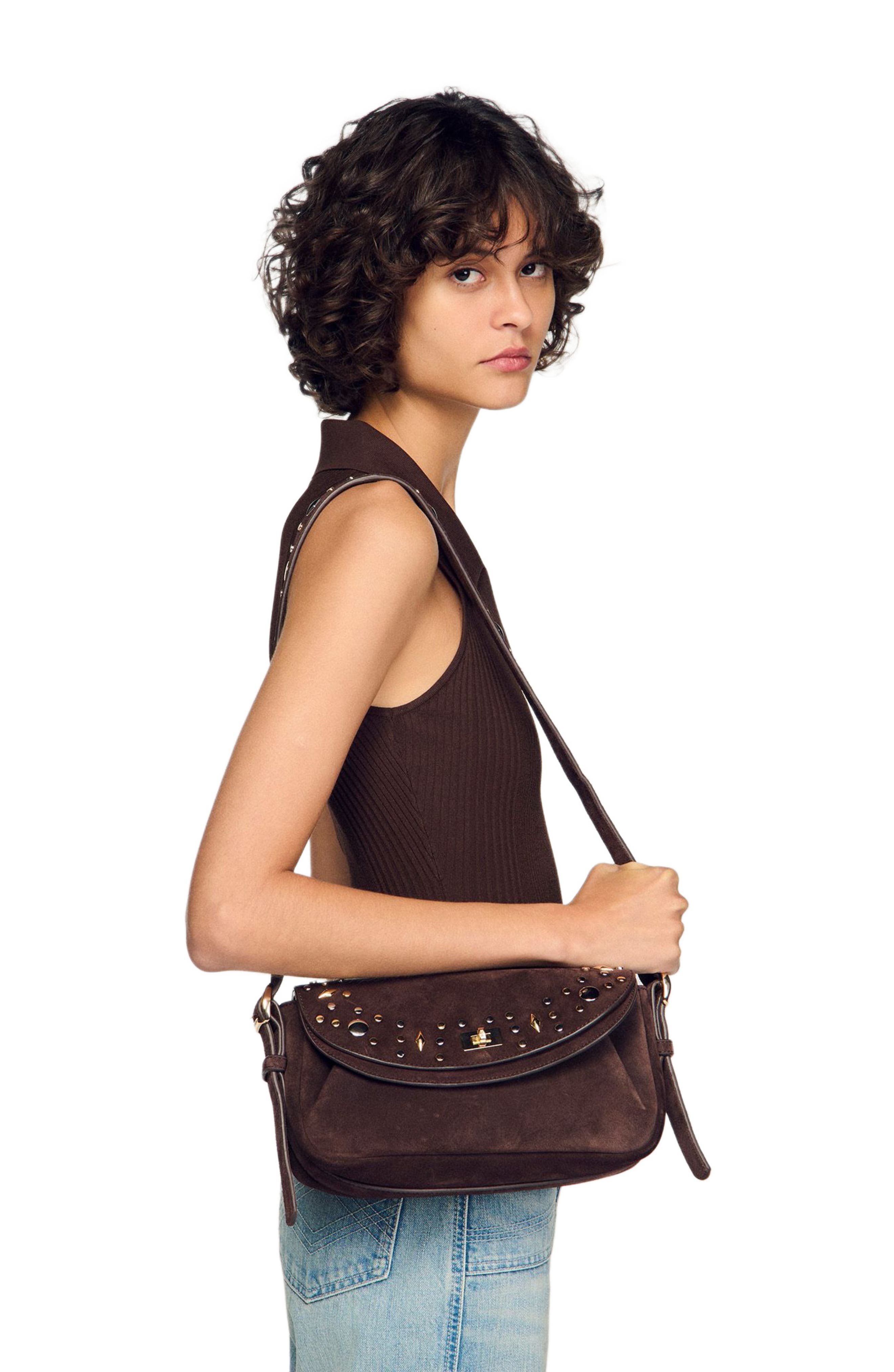 SANDRO LE MAMBO JANYS studded suede bag, Alternate, color, Black Brown