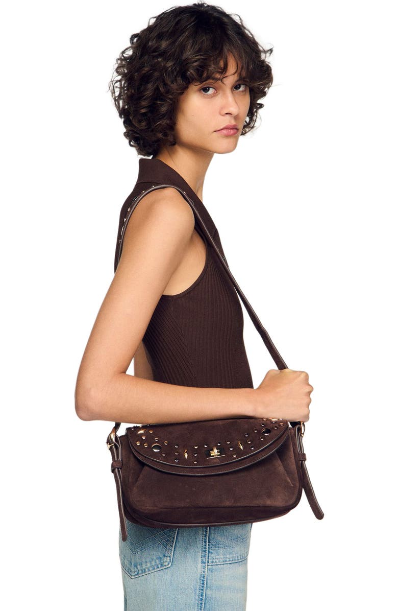 SANDRO LE MAMBO JANYS studded suede bag, Alternate, color, Black Brown