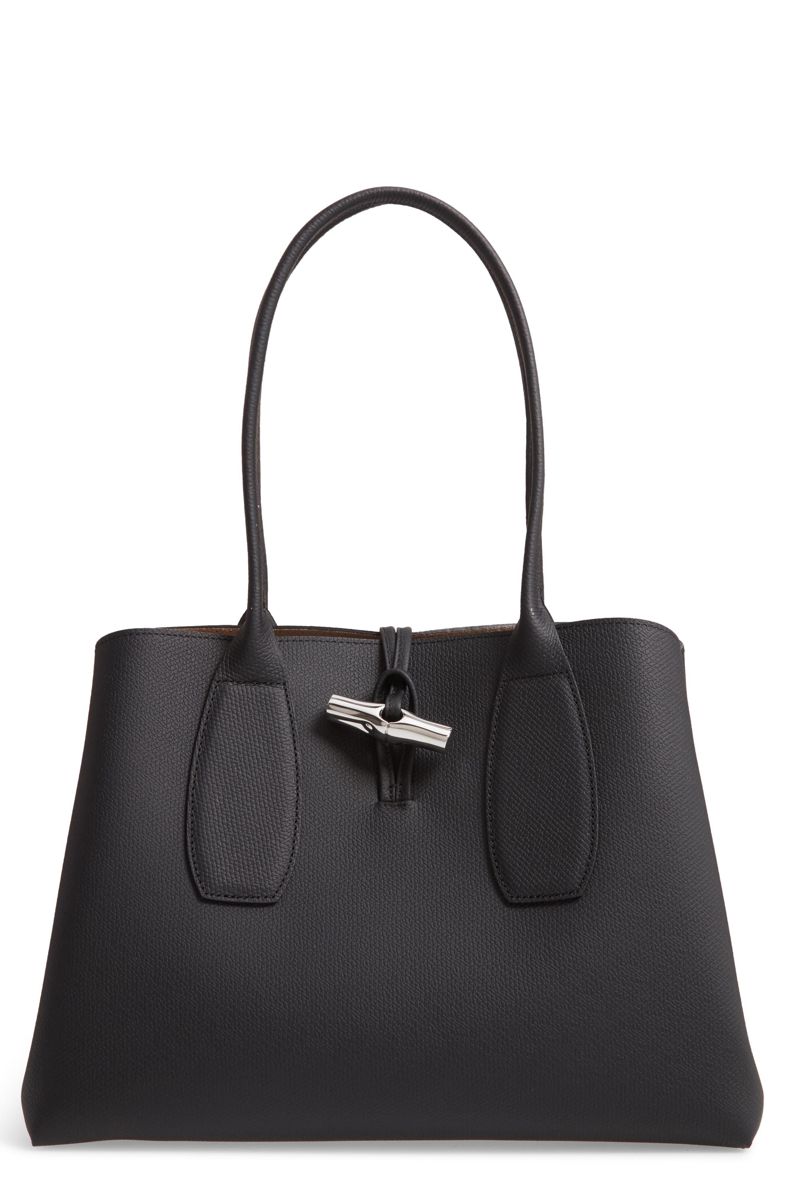 Roseau Leather Shoulder Tote, Main, color, BLACK