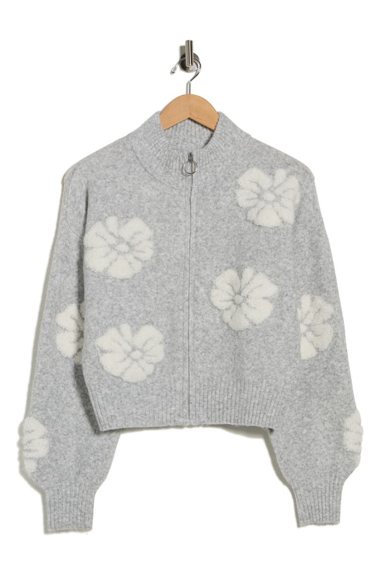Floral Zip Front Crop Cardigan, Alternate, color, HEATHER GREY COMBO