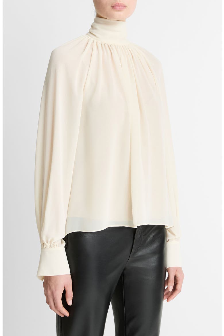 Draped Ruffle Mock Neck Crepe Top, Alternate, color, CREAM