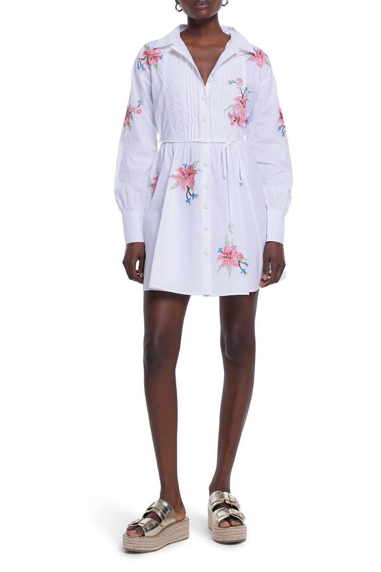 Craft Floral Embroidered Long Sleeve Belted Shirtdress, Main, color, WHITE