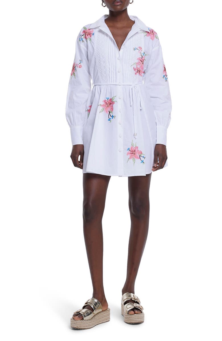 River Island Craft Floral Embroidered Long Sleeve Belted Shirtdress, Main, color,