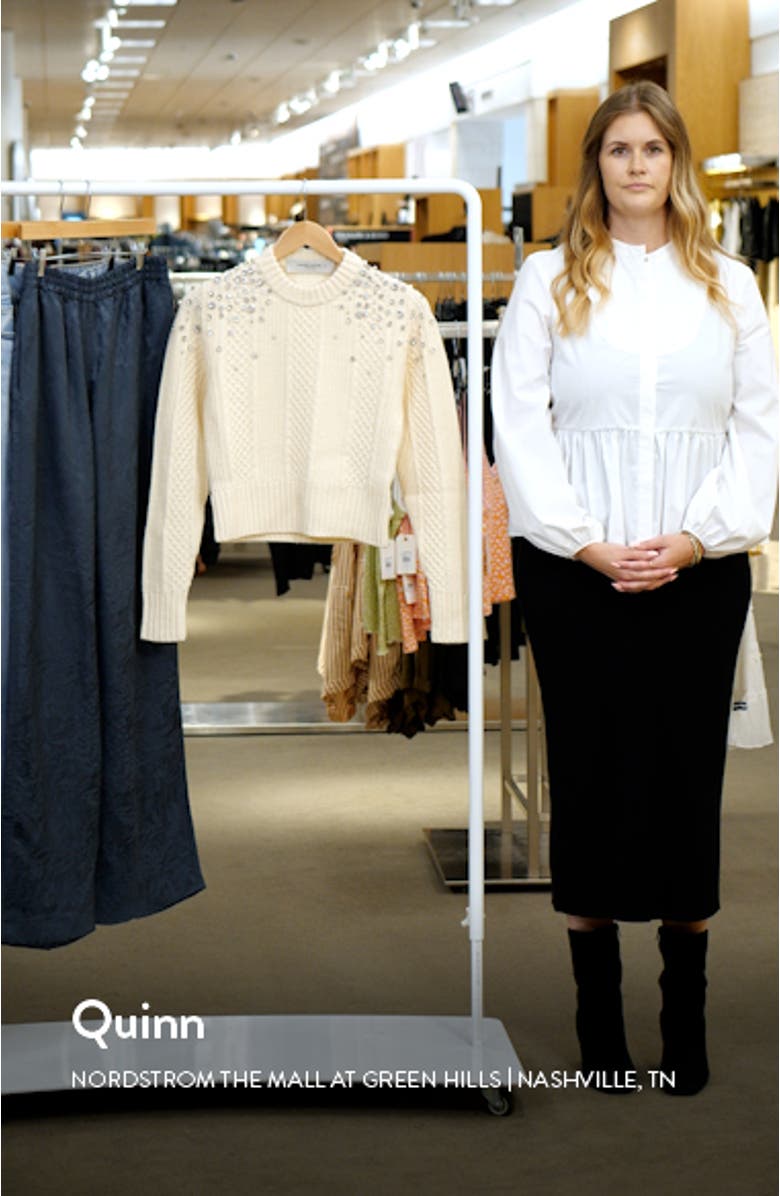 Crystal Embellished Virgin Wool Cable Knit Crewneck Sweater, sales video thumbnail