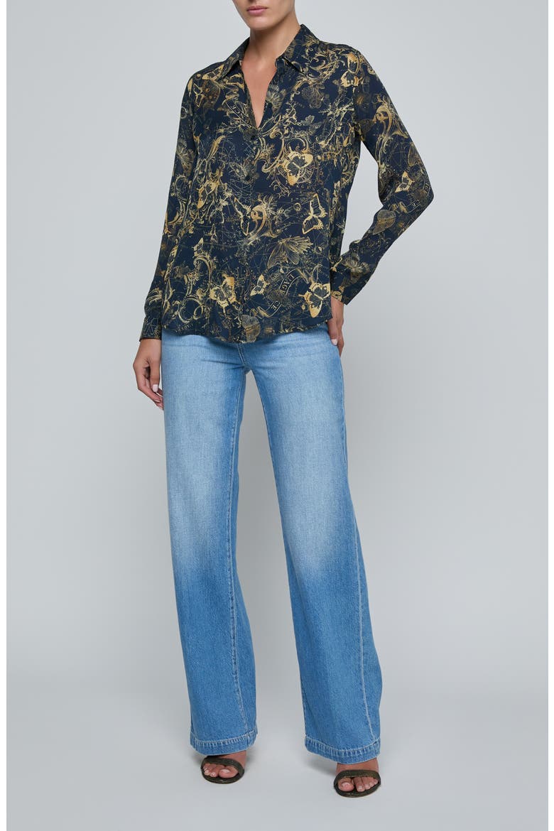 Nina Zodiac Toile Print Silk Button-Up Shirt, Alternate, color, MIDNIGHT/ GOLD ZODIAC TOILE